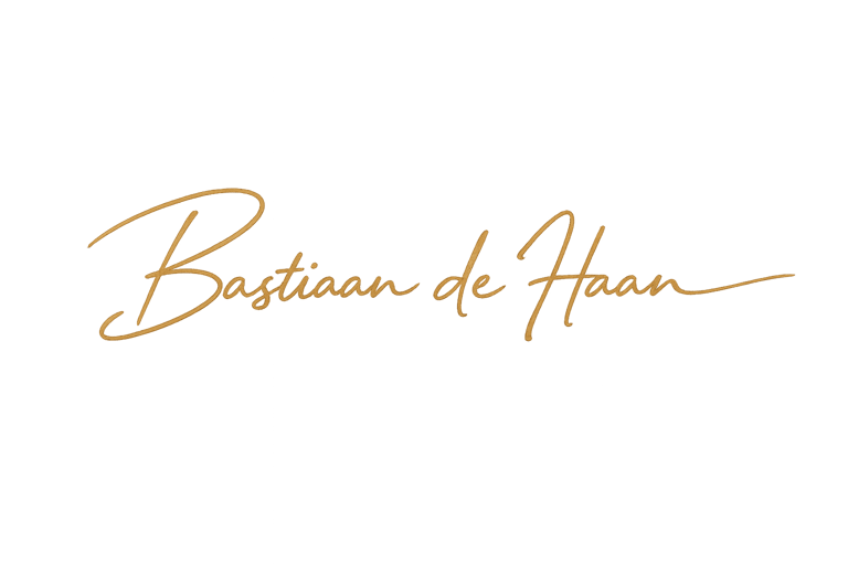 Elegant gold signature logo for Bastiaan de Haan set against a solid black background.