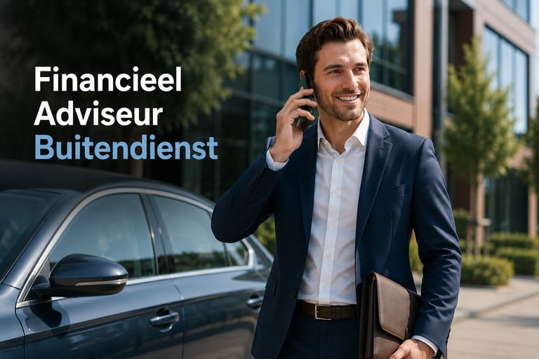 A smiling professional financial advisor talking on his phone while standing by his car outside an office.