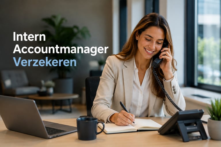 A female intern account manager in insurance talking on a desk phone and taking notes in a modern office.