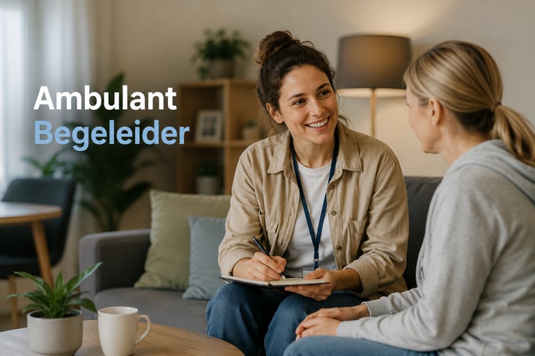 A smiling Ambulant Begleiter caregiver takes notes during a home support consultation with a senior woman.