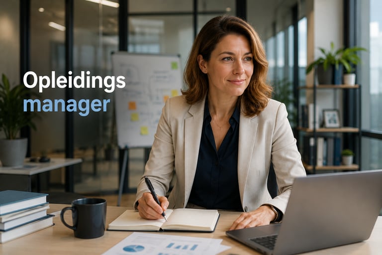 A professional female opleidingsmanager working at a desk with a laptop and notebook in an office setting.