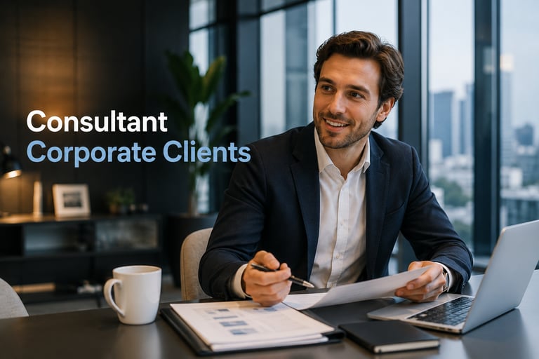 A smiling male business consultant reviewing documents for corporate clients in a modern office.