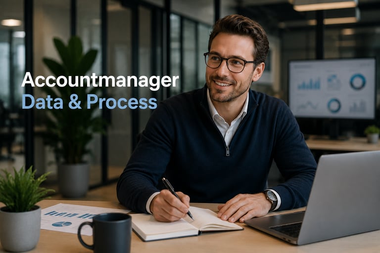 Smiling account manager in glasses working at a desk with a laptop and notebook in a modern office.