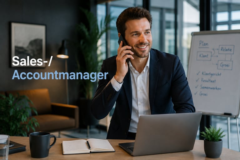 Smiling sales account manager in a suit talking on a smartphone while working at a laptop in a modern office.