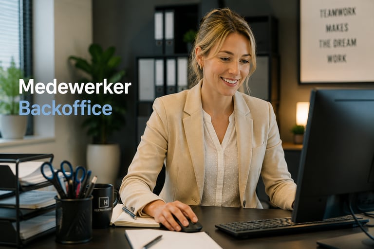 A smiling backoffice employee working at a computer in a modern professional office environment.