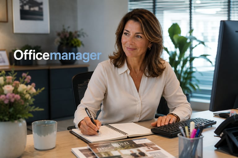 Professional female office manager sitting at a desk and writing in a notebook.