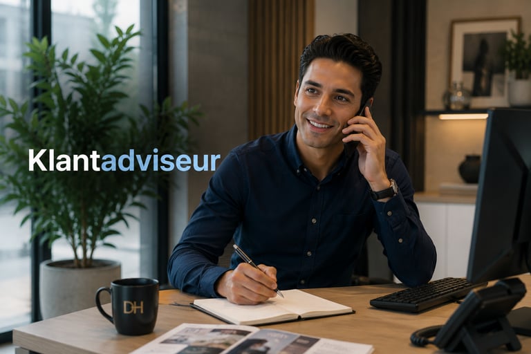 A male klantadviseur talking on the phone and taking notes in a modern office environment.