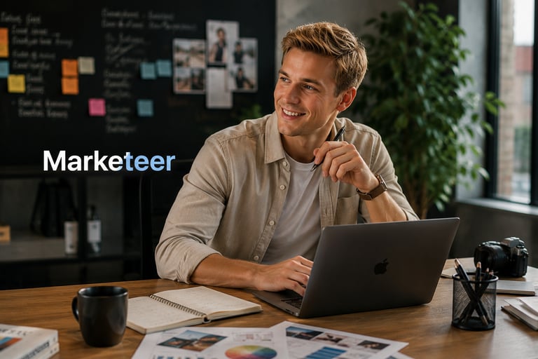 Smiling digital marketing professional working on a laptop at a modern creative office desk.