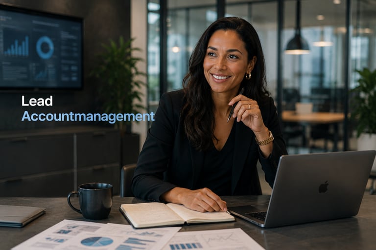 A smiling Lead Account Management professional working at a desk with a laptop and business analytics.