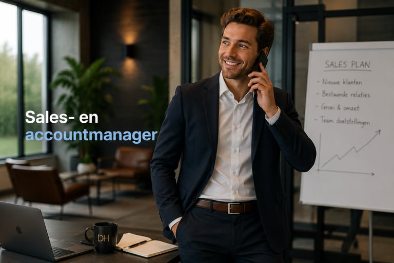 A smiling sales and account manager in a suit talks on a smartphone in a modern office.