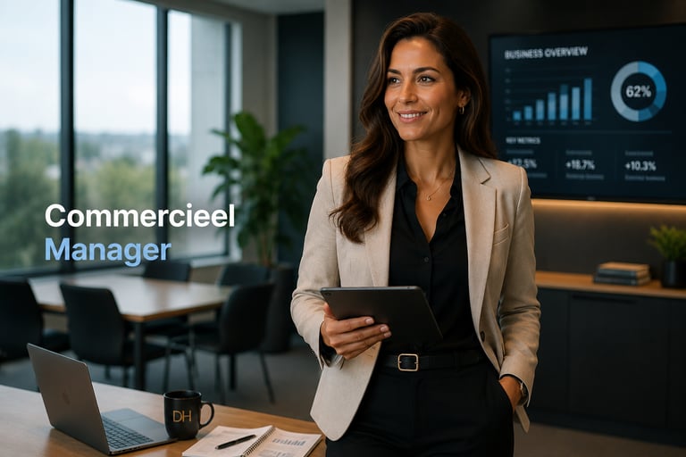 A professional female Commercieel Manager in a modern office holding a digital tablet.