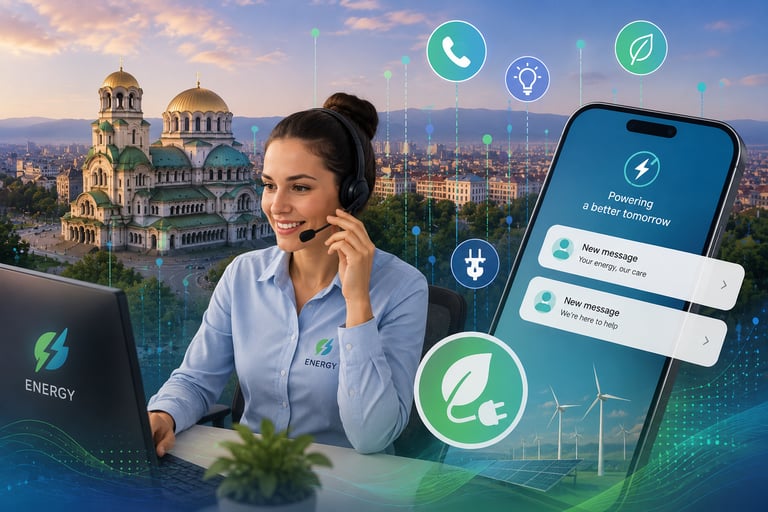 A customer service representative assisting with renewable energy solutions in front of a Sofia Bulgaria city landscape.