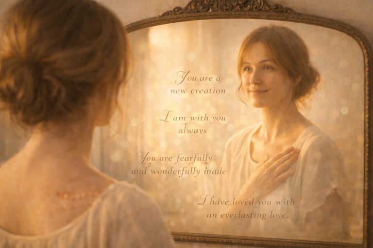 A woman looks in an ornate mirror featuring inspirational religious quotes about being fearfully and wonderfully made.
