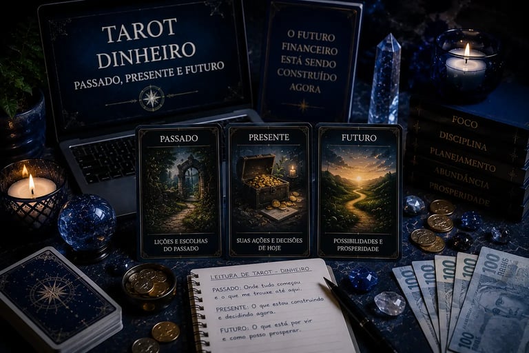 Cartas de tarot online revelando previsões sobre dinheiro para o passado, presente e futuro.