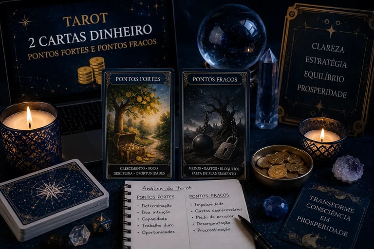 Jogo de Tarot online grátis com duas cartas para revelar pontos fortes e fracos na vida financeira