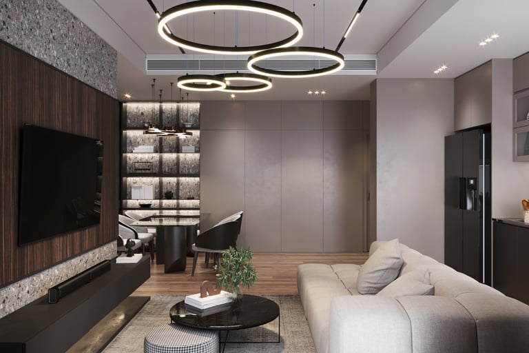 Modern open-plan living room featuring circular LED chandeliers and luxury minimalist furniture.