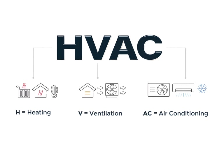 Diagram explaining HVAC meaning with icons for residential heating, ventilation, and air conditioning systems.