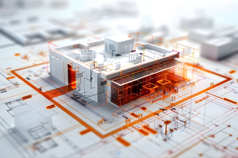 A 3D architectural model of a modern building with glowing orange digital circuit overlays.