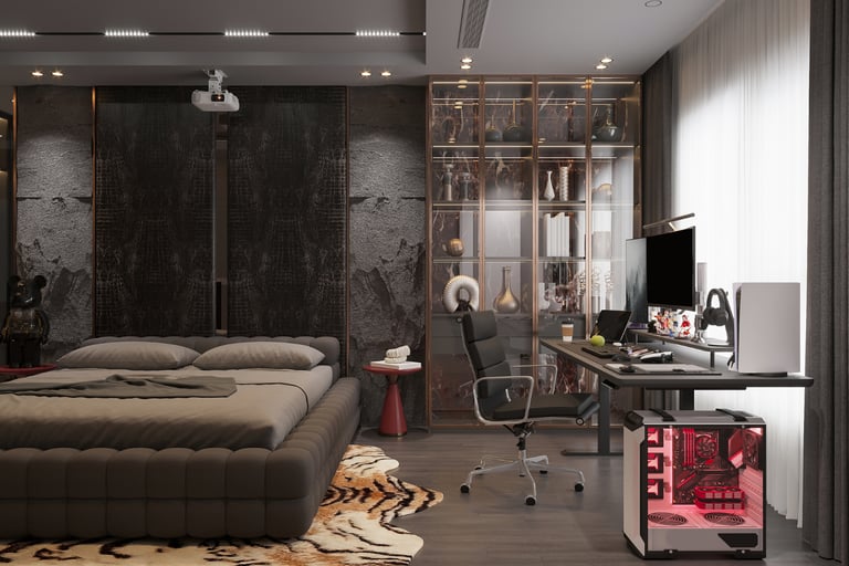 Modern luxury bedroom featuring a gaming setup with a custom PC, ergonomic chair, and plush tufted bed.