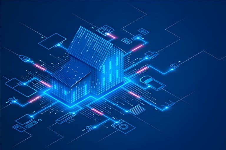 Digital smart home isometric blue glow showing internet of things IoT automation technology connectivity.