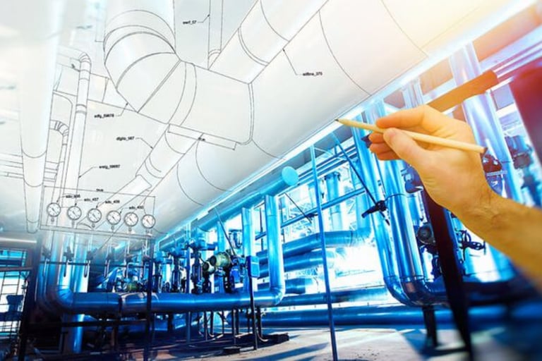 Engineer drawing technical HVAC blueprints over a photo of industrial piping and pressure gauges.