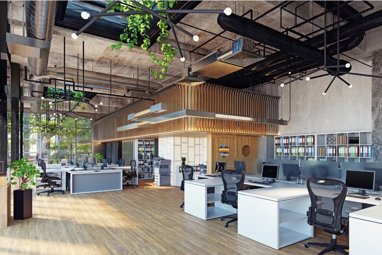Co-working style office — wooden ceiling beams, hanging plants, white desks, natural light, warm woo