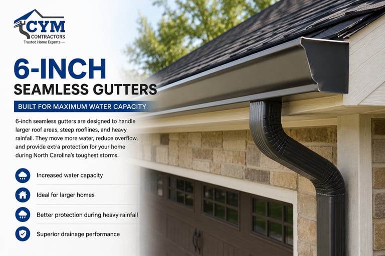 6-inch seamless gutters installed on a home in Durham, NC for maximum water capacity by CYM Contractors