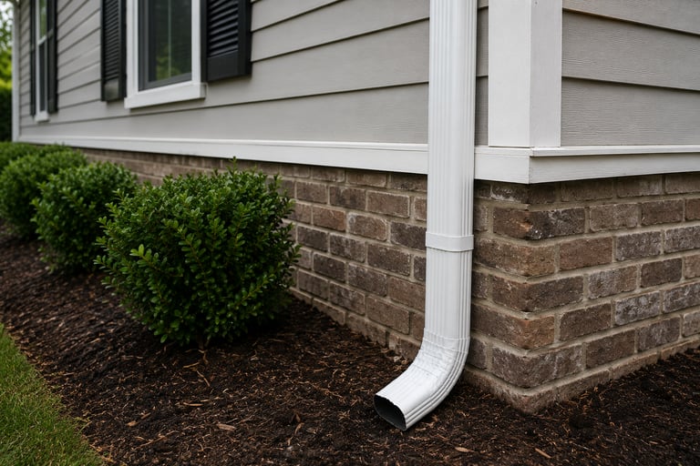 Professional downspout installation on a home in Durham, NC for proper drainage by CYM Contractors