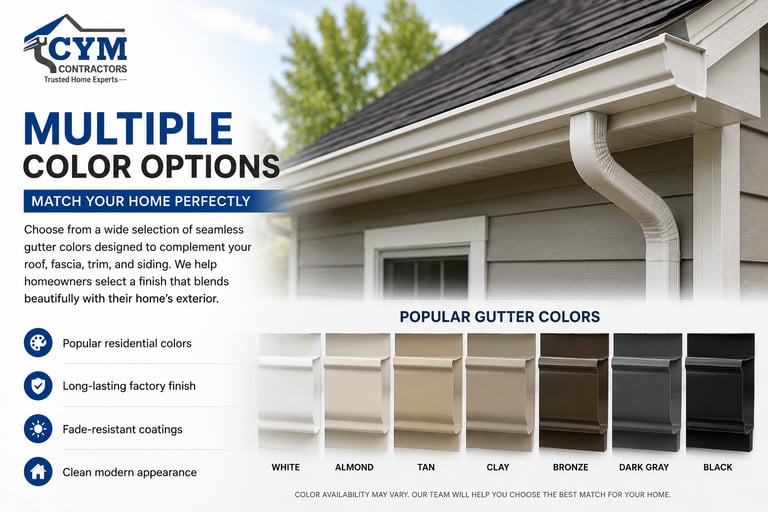 Seamless gutter color options for homes in Durham, NC including white, bronze, black and almond by CYM Contractors