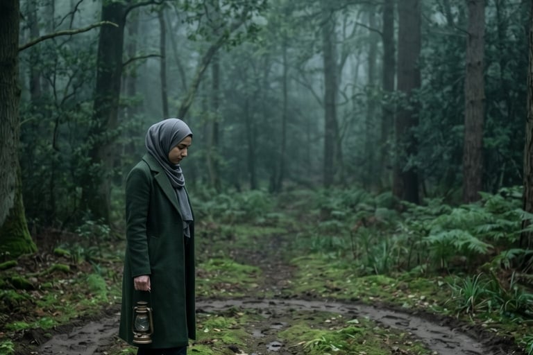 A woman in a hijab and green coat walks through a foggy forest representing a repeating cycle