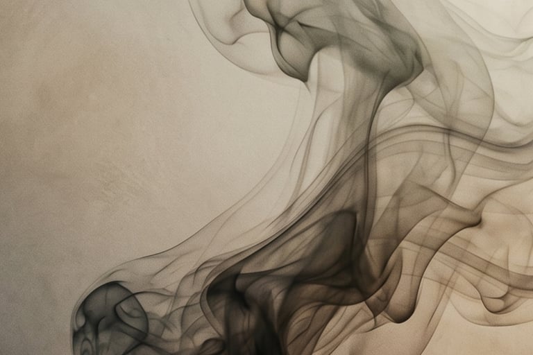 Elegant swirls of dark gray smoke rising against a neutral beige background with artistic textures.