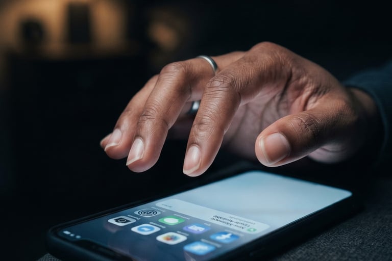 Hand of a person using a smartphone at night in a dark room with a glowing screen.