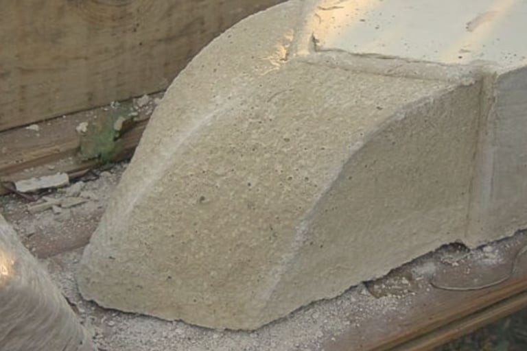 Detalhe apoio novo de pedra da calha de água pluvial, Susak, Croácia