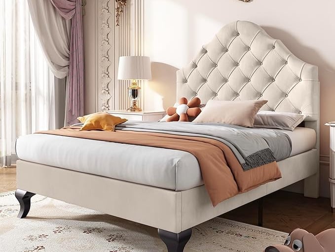 Upholstered Bed with Slatted Frame and Headboard