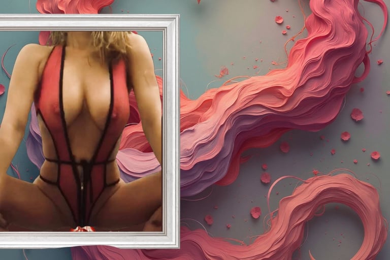 Woman in a red bodysuit framed against a pink and purple abstract wave background.