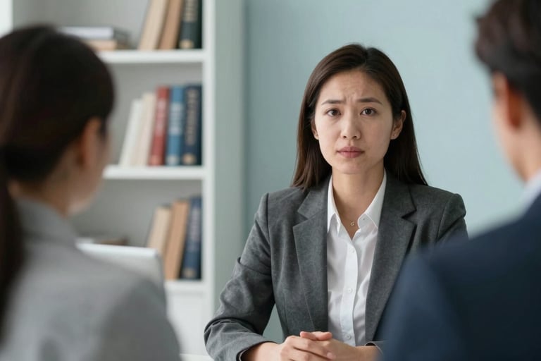A powerful image of a North American / US legal advisor listening intently to a client in a bright office. The focus is on the advisor's empathetic expression. The background features bookshelves and a soft Light Blue wall.