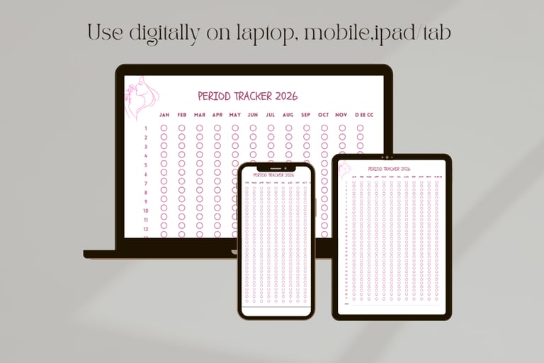 Printable period tracker PDF for women displayed on laptop, tablet, and mobile devices