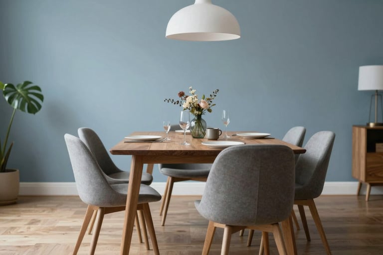 Professional lifestyle photography of a Danish meeting room, minimalist furniture, soft blue tones, clean and inviting professional environment.