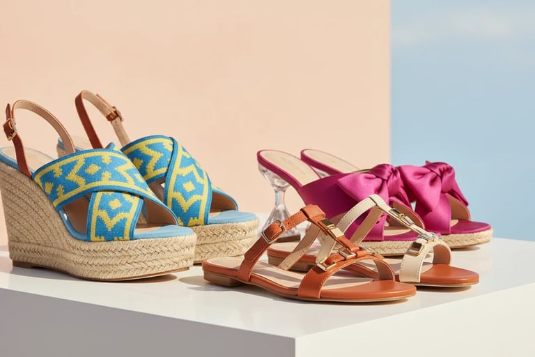 Elegant women's pastel summer heels on a sunny Mediterranean balcony.