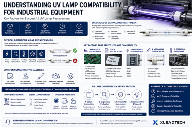 UV lamp compatibility review process for industrial equipment including exposure, printing and UV curing applications