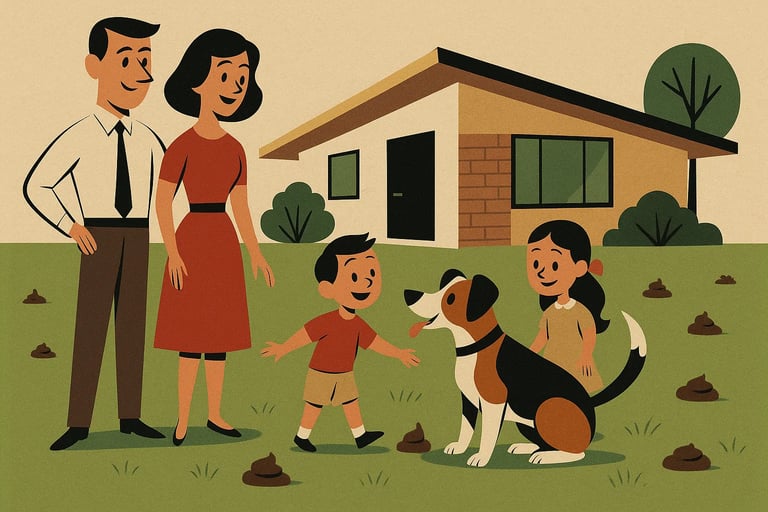 Parents et enfants avec un chien dans un jardin sali par les crottes.