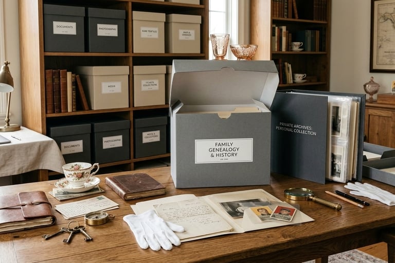 Archivist Marietta: cataloging of heritage photos, English teacups, and baseball trading cards.