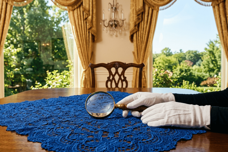 Private Archivist: White gloves and magnifying glass in an elegant Marietta home dining room.