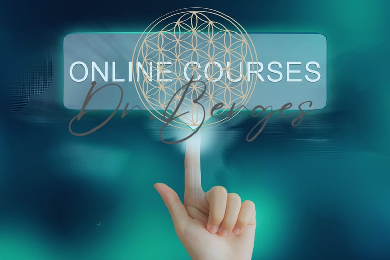 A finger touching a digital button for online courses by Dr. Berges with a sacred geometry symbol.