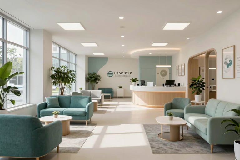 A wide-angle photograph of a modern, professional clinic lobby in North America. The space is filled with natural light, featuring soft teal and light sage decor, comfortable seating, and indoor greenery. The atmosphere is professional, serene, and welcoming.
