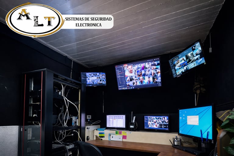 Centro de operaciones profesional con monitores de CCTV y un rack de servidores para vigilancia.