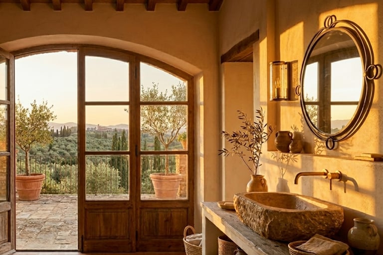 Bathroom palette holding through morning and evening light, French Mediterranean.