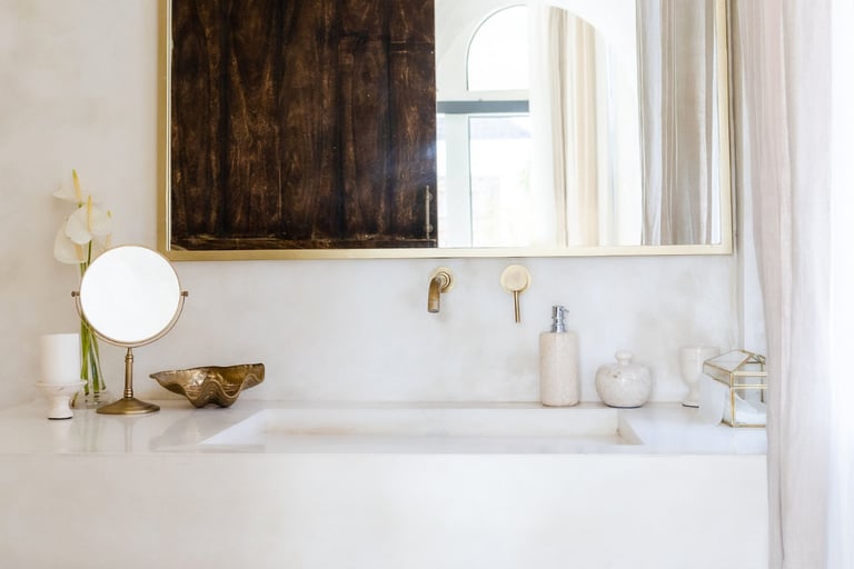 Mediterranean bathroom surface shown wet and dry, French Mediterranean.