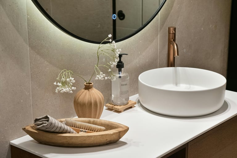 A French Mediterranean bathroom in soft morning light, ready for use.