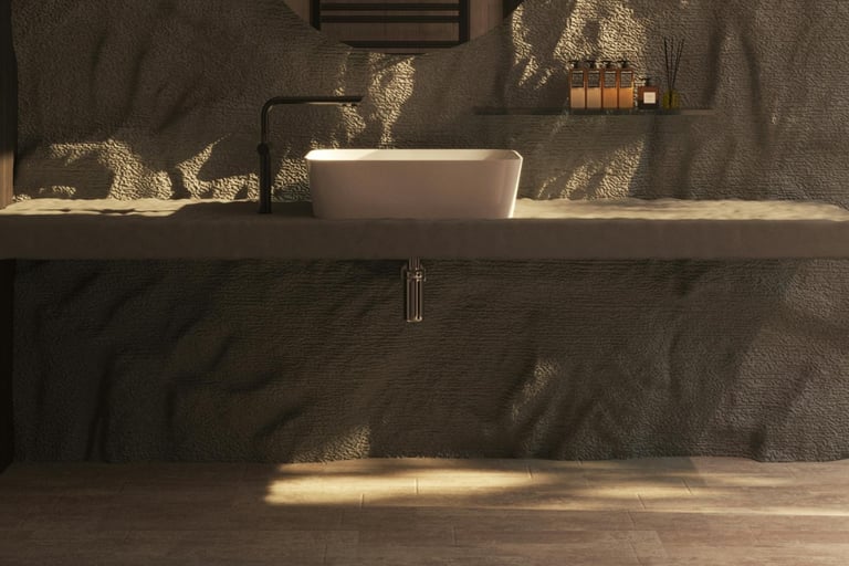 Soft shadow in a French Mediterranean bathroom corner.